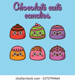 Cute pastel candies, cute Character, Vector illustration of different shapes and kinds of chocolate candies. 