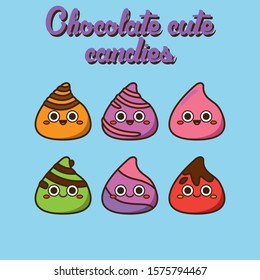 Cute pastel candies, cute Character, Vector illustration of different shapes and kinds of chocolate candies. 