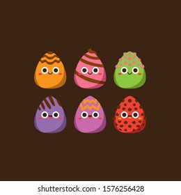 Cute pastel candies Flat Character , Vector illustration of different shapes and kinds of chocolate candies.