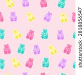 Cute pastel candy repeating background with gummy and jelly candy bears. Pink sugar seamless pattern. Kawaii funky sweets seamless background. Vector illustration
