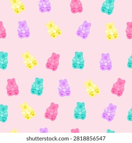 Cute pastel candy repeating background with gummy and jelly candy bears. Pink sugar seamless pattern. Kawaii funky sweets seamless background. Vector illustration