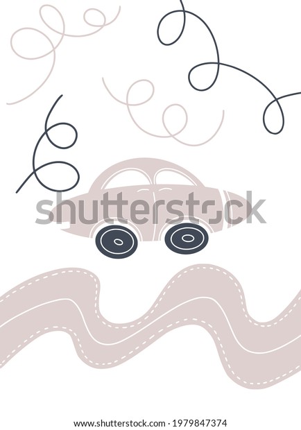 Cute\
pastel car vector illustrations, kids poster. Nursery design.\
Scandinavian style.  Vertical cards for baby\
room.