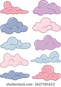 Cute Pastel Cartoon Clouds with Line Art – Vector Collection of Playful Sky Elements-A colorful vector collection of pastel cartoon clouds outlined with soft line art.