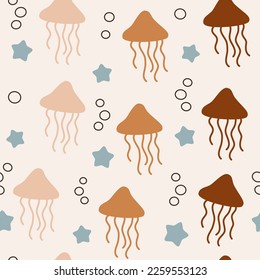 cute pastel cartoon jellyfish seamless vector pattern background illustration with blue little stars