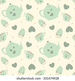 cute pastel cartoon tea set seamless vector pattern background illustration with cupcakes