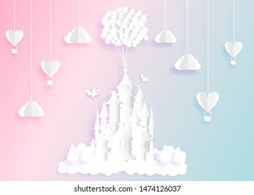 Cute pastel castle with heart balloons clouds Unicorn vectors illustration