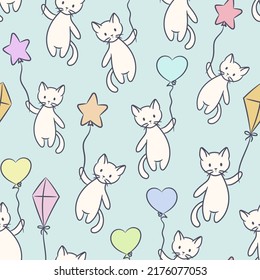 Cute pastel cat pattern, cartoon illustration, repeating vector background