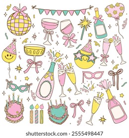Cute Pastel Champagne and glasses Party Celebration New Year and Birthday Drinks cartoon doodle Hand Drawn Set
