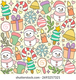 Cute Pastel Christmas Seamless Pattern with Snowman, Gifts, and Candy 