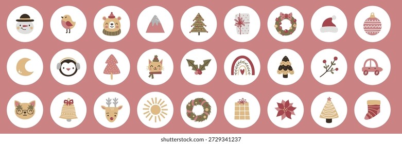 Lindo conjunto de pegatinas de Navidades pastel con etiquetas redondas. Divertidos dibujos animados de Santa, muñeco de nieve, renos, osos, gatos y caras de pan de jengibre. Iconos de vector plano retro para niños, regalos, etiquetas y diseños de vacaciones de invierno.