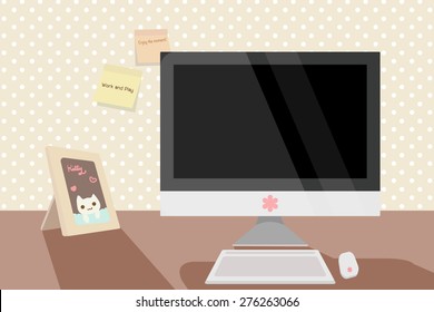 cute pastel clean workspace with computer frame and polka dot wallpaper