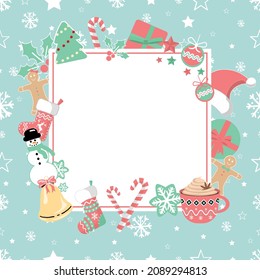 Cute pastel color design of Christmas and New Year greeting or invitation card template. Christmas holiday Decoration elements around card text template. New year 2022 design.