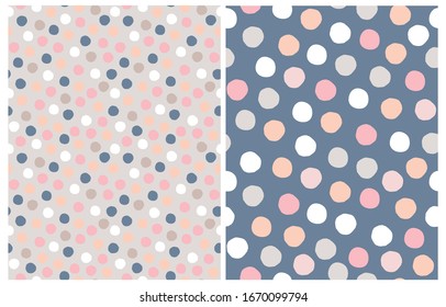 Cute Pastel Color Dots Seamless Vector Patterns. Irregular Hand Drawn Simple Dotted Print. Tiny Polka Dots Isolated on a Light Pink Background. Pink, Beige and White Dots on a Dark Blue Layout.  