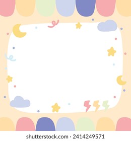 Cute pastel color frame cartoon.Stationary DIY design.Moon,cloud,star,sky hand drawn.Kawaii.Vector.Illustration.