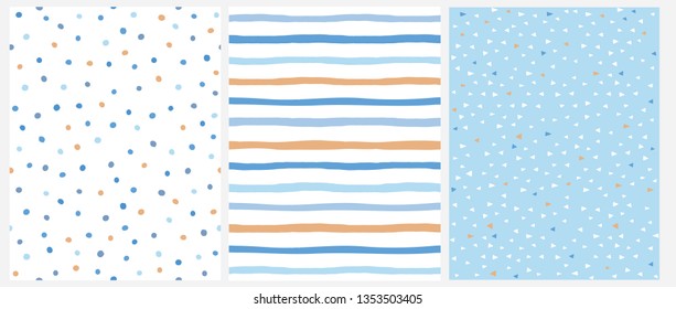 Cute Pastel Color Geometric Seamless Vector Patterns. Blue and Yellow Polka Dots and Vertical Stripes on a White Background. Tiny Triangles on a Blue Layout. Lovely  Infantile Repeatable Design. 