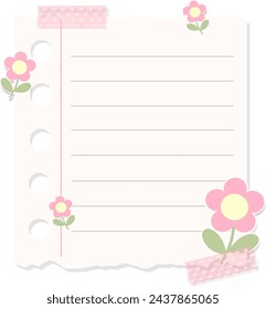 Cute Pastel Color Paper Notes With Pink Flower Sticker And Washi Tape Vector Illustration