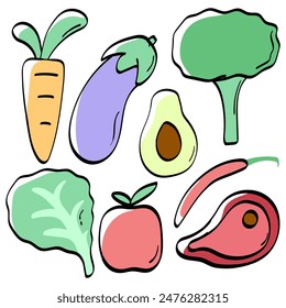 cute pastel color protein and vegetables icons set. carrot, apple, chili, eggplant, meat, avocado. simple funny doodle hand drawn flat simple vector illustrations
