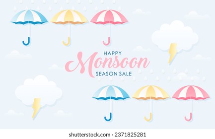 Cute Pastel Color Scheme and Paper Cut Style Happy Monsoon Season Sale Banner Background