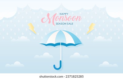 Cute Pastel Color Scheme and Paper Cut Style Happy Monsoon Season Sale Banner Background