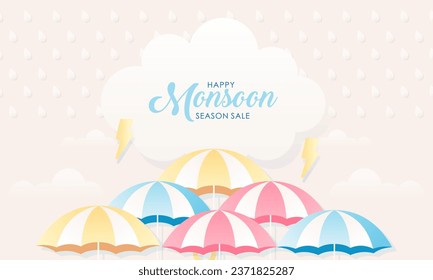 Cute Pastel Color Scheme and Paper Cut Style Happy Monsoon Season Sale Banner Background