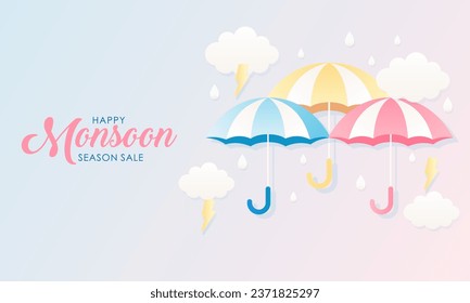 Cute-Pastel-Farbschema und Papier-Schneiden Stil glücklich Monsun Jahreszeit Verkauf Banner-Hintergrund