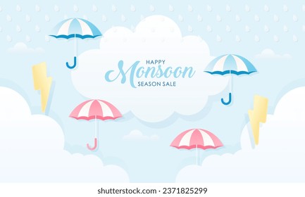Cute Pastel Color Scheme and Paper Cut Style Happy Monsoon Season Sale Banner Background