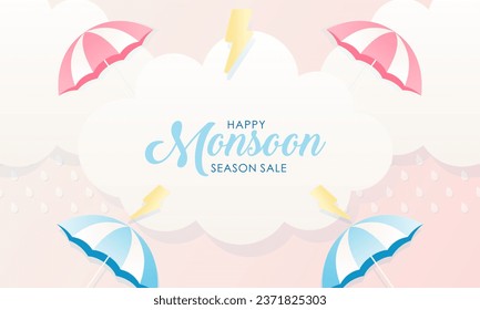 Cute Pastel Color Scheme and Paper Cut Style Happy Monsoon Season Sale Banner Background