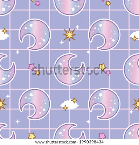 Cute pastel color seamless pattern of pink and purple moon with stars and clouds, perfect for nursery decoration, and prints