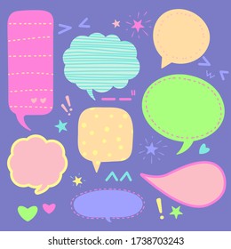 Etiquetas de burbujas de voz de color pastel, diseño de dibujos animados de cuadros de texto, ilustración vectorial. Marca el marco de chat estilo plano para la etiqueta de promoción o venta.