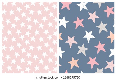 Cute Pastel Color Star Seamless Vector Patterns. Irregular Hand Drawn Simple Starry Print. White Grunge Stars Isolated on a Light Pink Background. Pink, Beige and White Stars on a Dark Blue.  