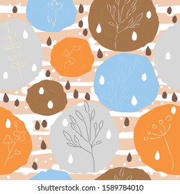 Cute pastel colored balls (blue, yellow, brown) on stripped background. Cute Scandinavian Terracotta Pattern in modern colours. Modern abstract art for prints.  Nordic Design.