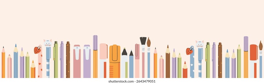Cute pastel colored pencils bottom border seamless pattern background. Flat vector illustration. Back to school concept.