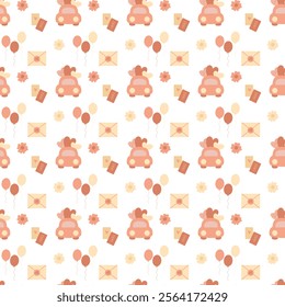 Cute pastel colored seamless pattern, romantic pattern with car with hearts, envelope, balloons