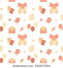 Cute pastel colored seamless pattern, romantic pattern with car with hearts, envelope, balloons, bird 