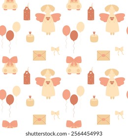 Cute pastel colored seamless pattern, romantic pattern with angel, car, balloons, envelope