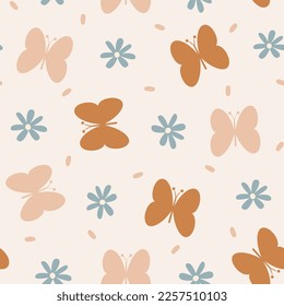 cute pastel colored seamless vector pattern background illustration with daisy flowers and butterflies