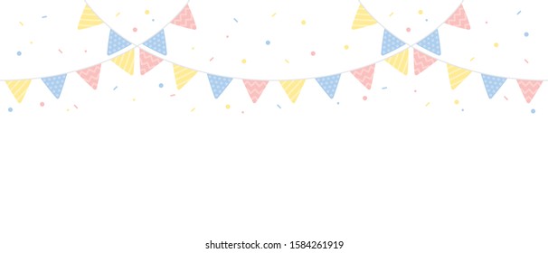 Cute pastel colored triangle party buntings with confetti border. Baby and kids party decoration. Flat vector illustration.