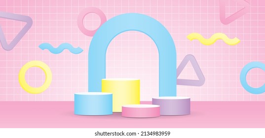 cute pastel colorful product podium set with arch and fun geometric element 3d illustration vector on grid pattern wall and sweet pink floor background