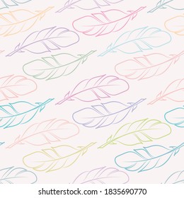 Cute pastel colorful vector seamless pattern background with feathers, hand drawn feather elements, cute girly pattern.