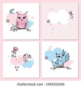 Cute pastel colors cards with owls and clouds. Nursery posters. Part of nursery set.