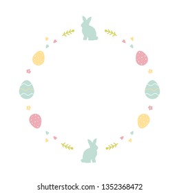 Cute pastel colors cartoon round frame for spring, easter design with decorated eggs and easter bunnies.