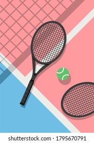 Cute pastel colors concept tennis rackets and tennis balls on court floor