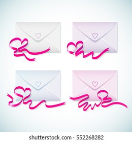 Cute pastel colors envelopes set with bright purple ribbons and hearts isolated on white background flat vector illustration