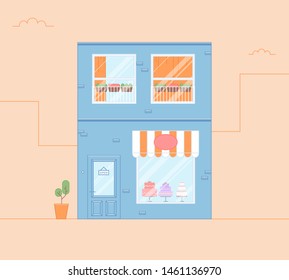 Cute Pastel Colors Flat Vector Illustration with Candy Shop 