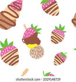 Cute pastel coloured seamless pattern with sweets. Vector tasty candy pattern. Strawberry in chocolate, strawberry canapés.
