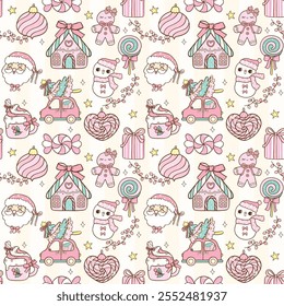 Cute Pastel Coquette Christmas seamless pattern Decorative Snow Globe doodle hand drawn isolated on background