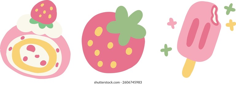 Cute pastel dessert illustrations featuring strawberries and ice cream