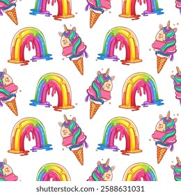 Cute pastel dessert pattern with unicorns and rainbows. Whimsical ice cream cone and fantasy rainbow design. Playful unicorn-themed seamless background