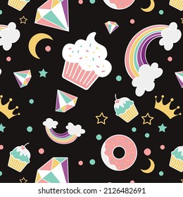 Postres pastel y decoración de arcoiris con fondo estelar