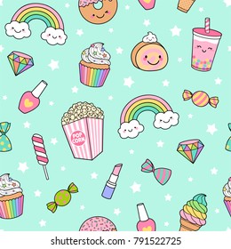 Cute pastel desserts seamless pattern with star background